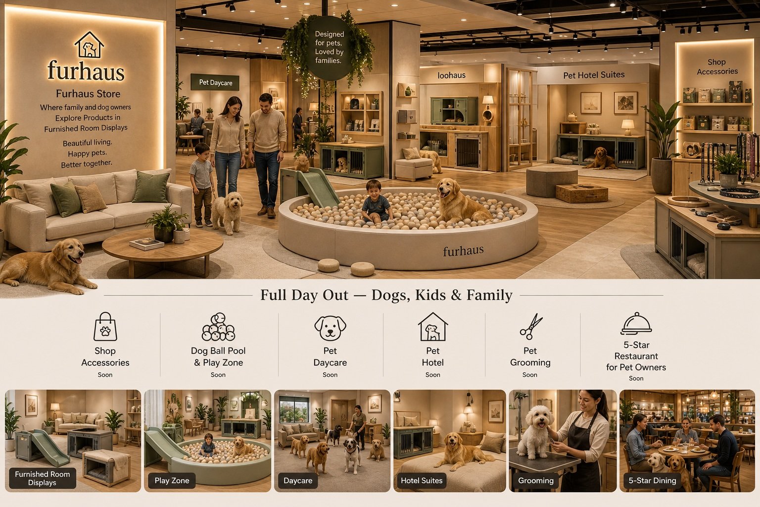 The future Furhaus flagship store — multiple room displays for life with dogs